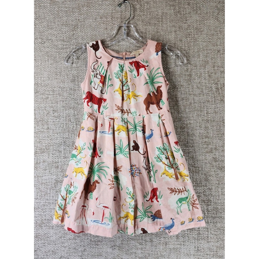 Mini Boden Linen Blend Jungle Animal Dress Girls 6-7 Pink Sleeveless Lined